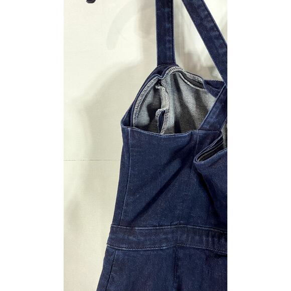 TOPSHOP MOTO Women's Blue Denim Button-Up Square-Neck Crossback Mini Dress SZ 10 - Picture 6 of 12